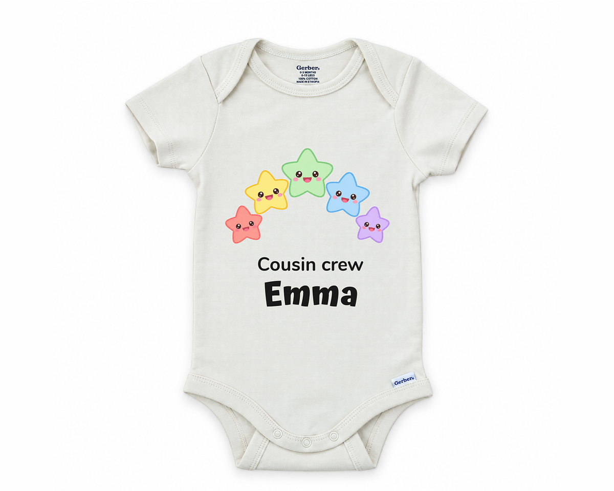 DESIGN A - Cousin Crew rainbow stars personalized baby bodysuit design