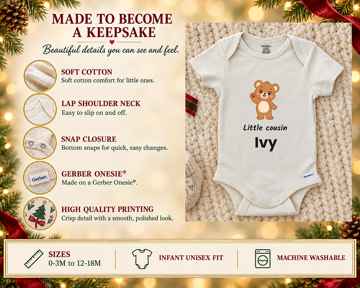Made to become a keepsake: soft cotton Gerber Onesie details beside the Little Cousin teddy bear baby bodysuit