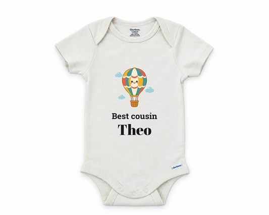 Best Cousin personalized baby bodysuit with the hot air balloon design on a white background