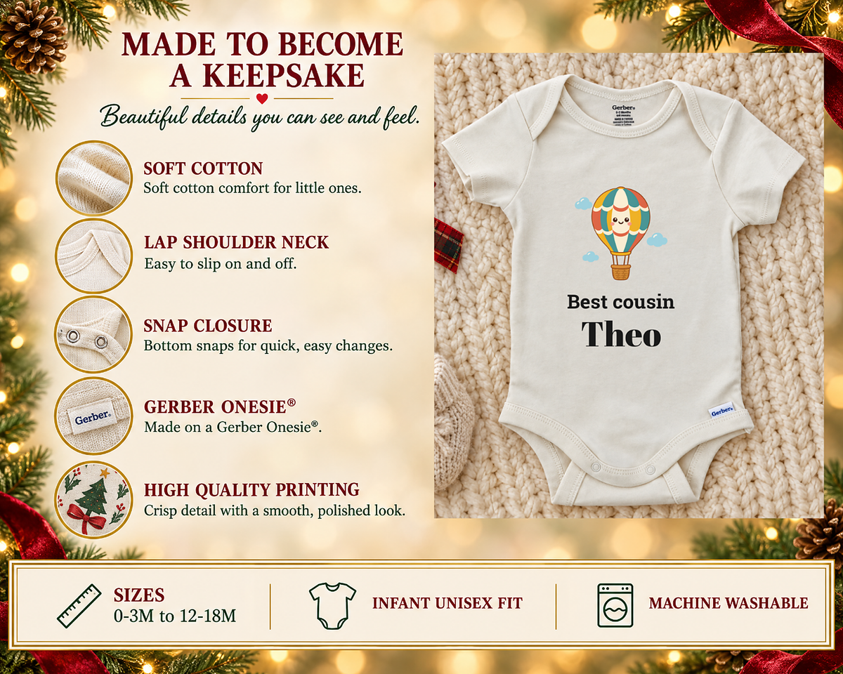 Made to become a keepsake: soft cotton Gerber Onesie details beside the Best Cousin hot air balloon baby bodysuit