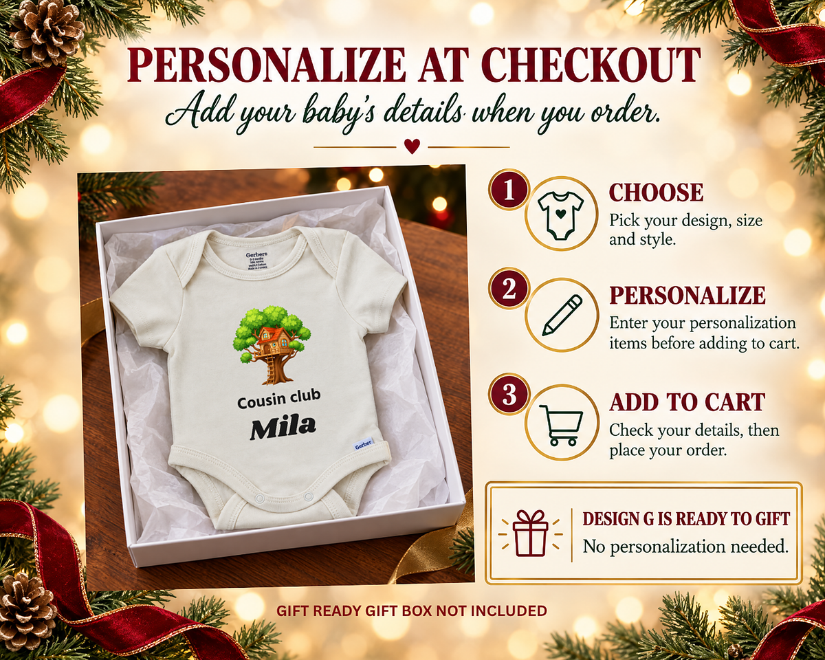 Personalize at checkout: three steps with the Cousin Club treehouse bodysuit in a gift box
