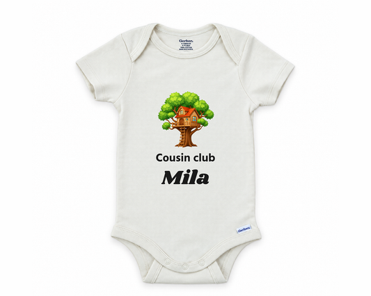 Cousin Club personalized baby bodysuit with the treehouse design on a white background
