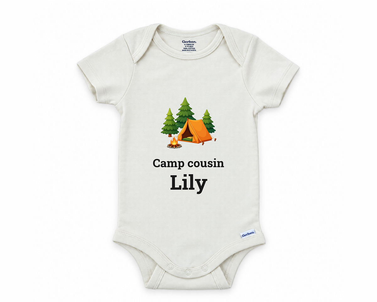 DESIGN F - Camp Cousin campfire and tent personalized baby bodysuit design