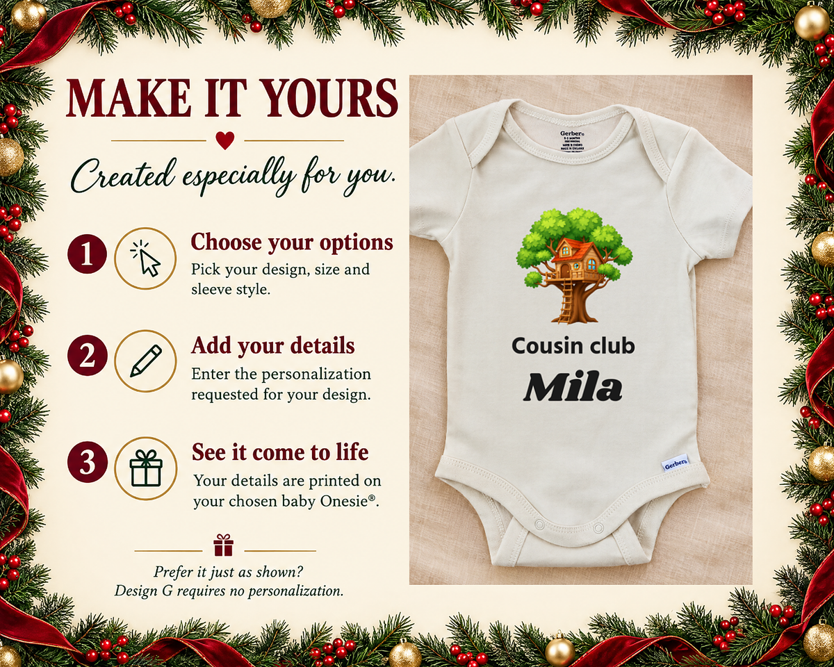 Make it yours: three steps to personalize, next to the Cousin Club treehouse baby bodysuit on a cream blanket