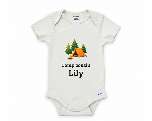 Camp Cousin personalized baby bodysuit with the campfire design on a white background