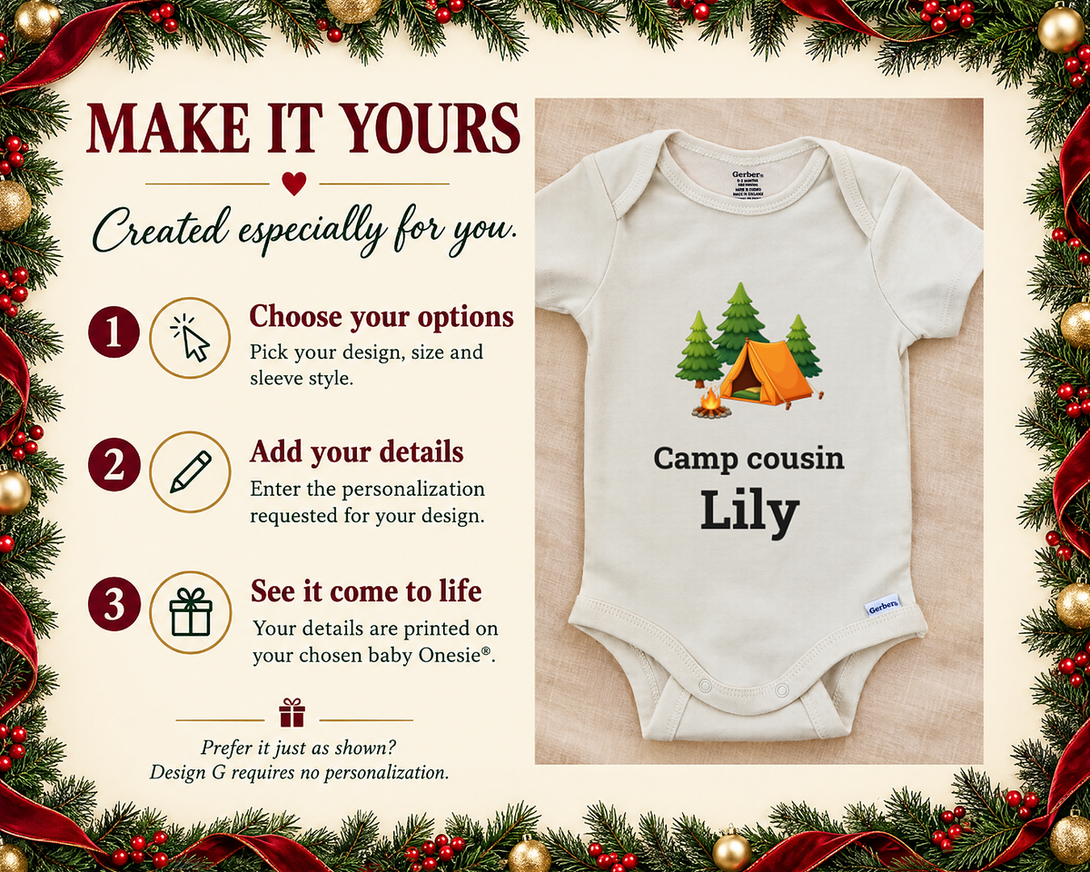 Make it yours: three steps to personalize, next to the Camp Cousin campfire baby bodysuit on a cream blanket