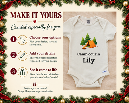 Make it yours: three steps to personalize, next to the Camp Cousin campfire baby bodysuit on a cream blanket