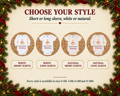 Choose your style: short or long sleeve in white or natural, shown on the Mama's Bestie coffee cup baby bodysuit