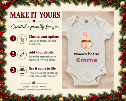 Make it yours: three steps to personalize, next to the Mama's Bestie coffee cup baby bodysuit on a cream blanket