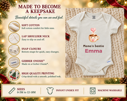 Made to become a keepsake: soft cotton Gerber Onesie details beside the Mama's Bestie coffee cup baby bodysuit