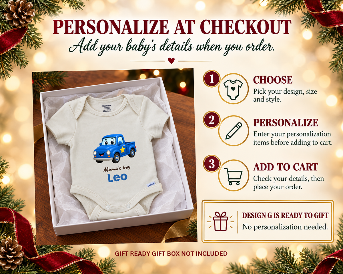 Personalize at checkout: three steps with the Mama's Boy blue truck bodysuit in a gift box