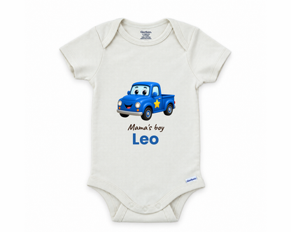 DESIGN C - Mama's Boy blue truck personalized baby bodysuit design