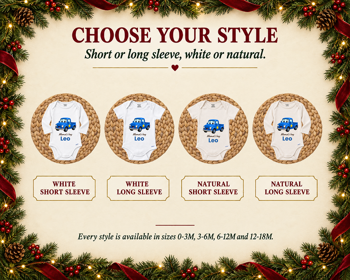 Choose your style: short or long sleeve in white or natural, shown on the Mama's Boy blue truck baby bodysuit