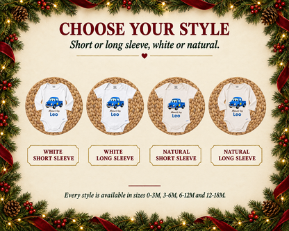 Choose your style: short or long sleeve in white or natural, shown on the Mama's Boy blue truck baby bodysuit