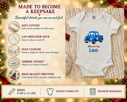 Made to become a keepsake: soft cotton Gerber Onesie details beside the Mama's Boy blue truck baby bodysuit