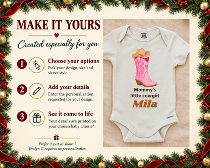 Make it yours: three steps to personalize, next to the Mommy's Little Cowgirl cowgirl boot baby bodysuit on a cream blanket