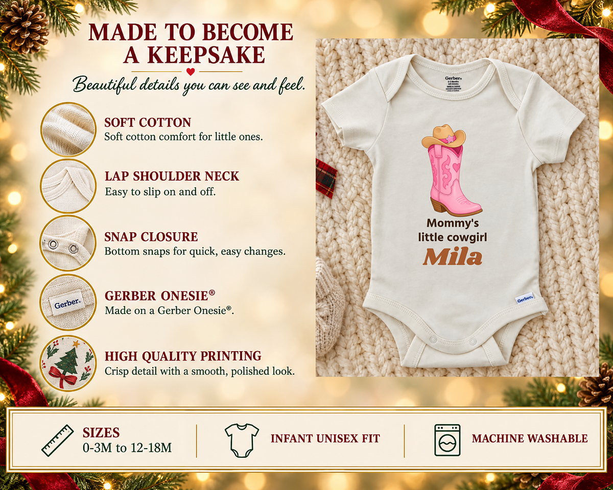 Made to become a keepsake: soft cotton Gerber Onesie details beside the Mommy's Little Cowgirl cowgirl boot baby bodysuit