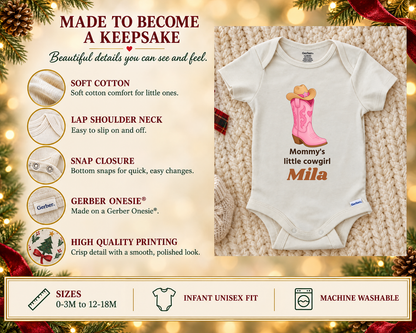Made to become a keepsake: soft cotton Gerber Onesie details beside the Mommy's Little Cowgirl cowgirl boot baby bodysuit
