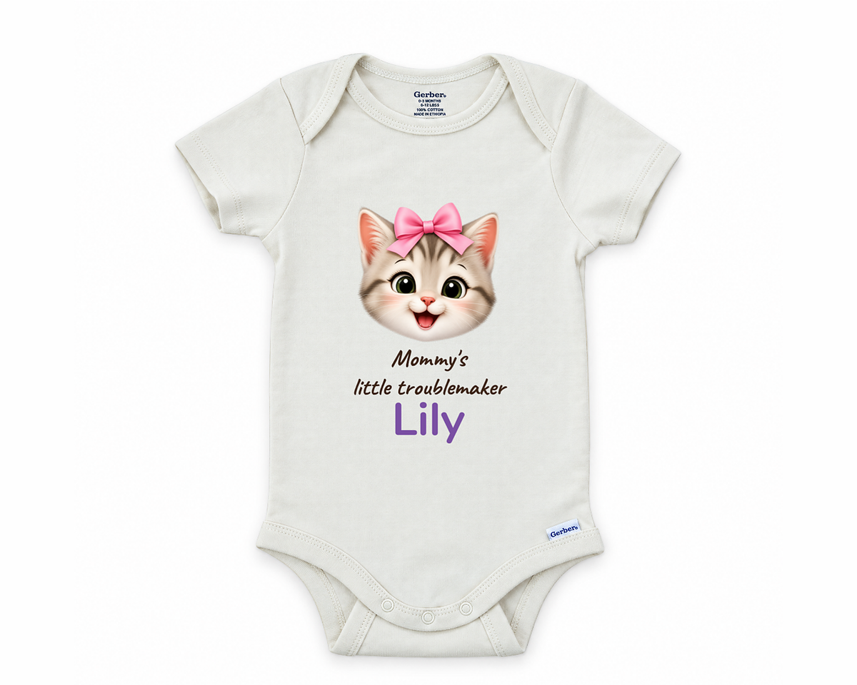 Mommy's Little Troublemaker personalized baby bodysuit with the kitten design on a white background