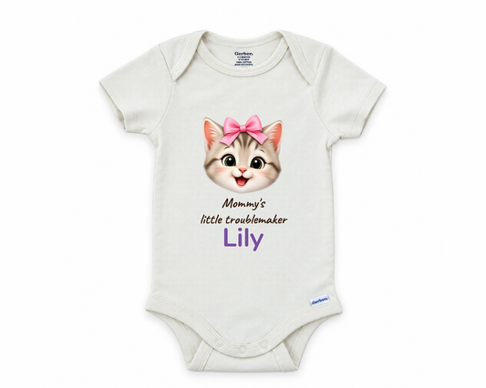 Mommy's Little Troublemaker personalized baby bodysuit with the kitten design on a white background