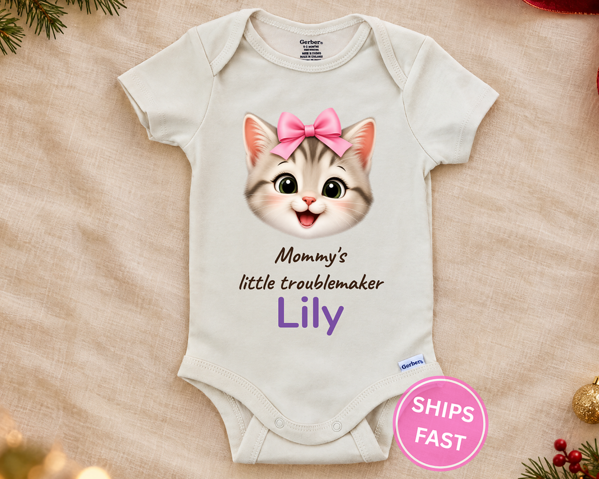 Mommy's Little Troublemaker personalized baby bodysuit with the kitten design on a cream blanket