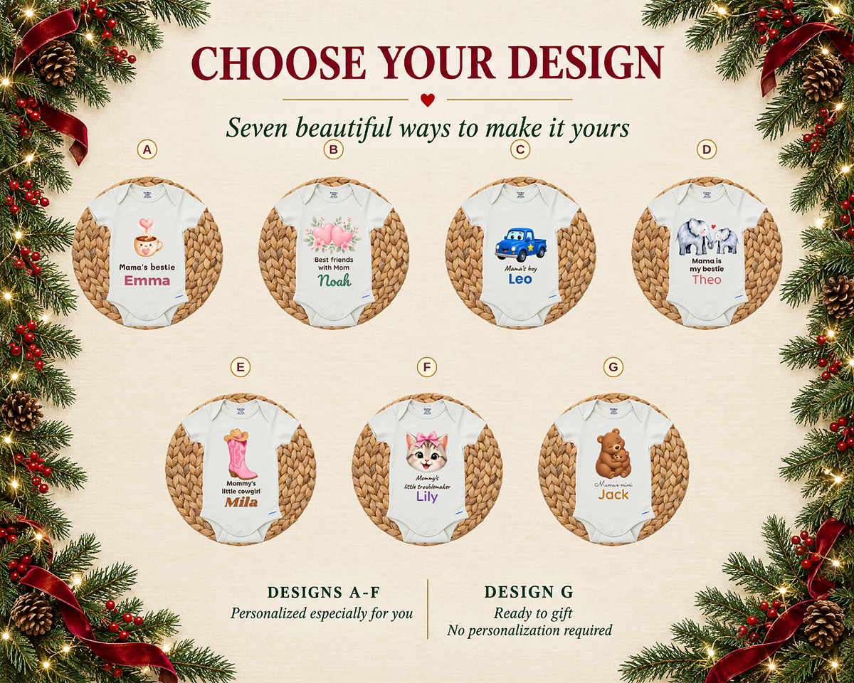 Choose your design: seven mom baby bodysuit designs A to G, led by the Mommy's Little Troublemaker kitten design