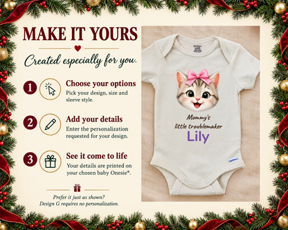 Make it yours: three steps to personalize, next to the Mommy's Little Troublemaker kitten baby bodysuit on a cream blanket