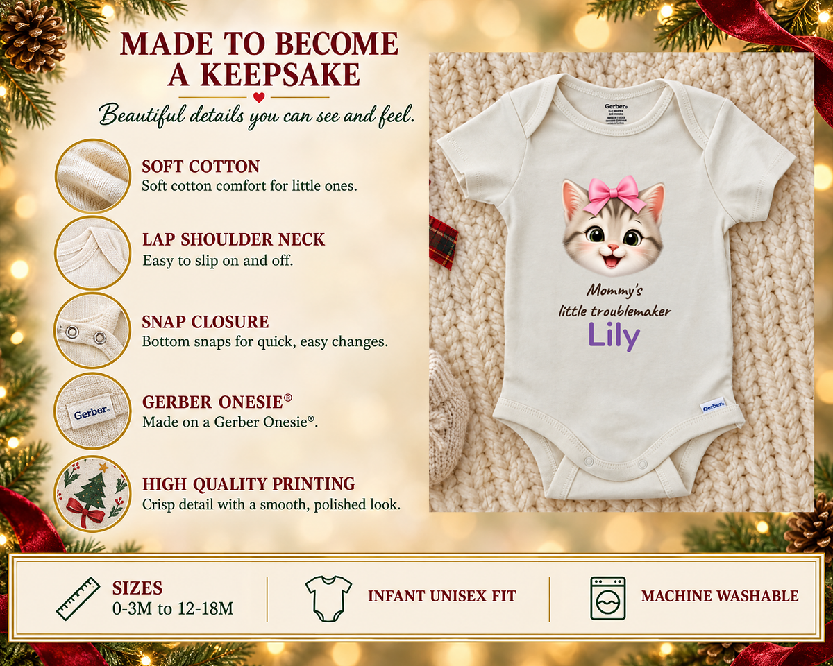 Made to become a keepsake: soft cotton Gerber Onesie details beside the Mommy's Little Troublemaker kitten baby bodysuit