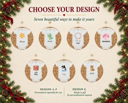 Choose your design: seven personalized name baby bodysuit designs A to G, with the Emma retro sunburst name personalized baby bodysuit design