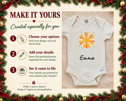 Make it yours: three steps to personalize, next to the Emma personalized baby bodysuit on a cream blanket