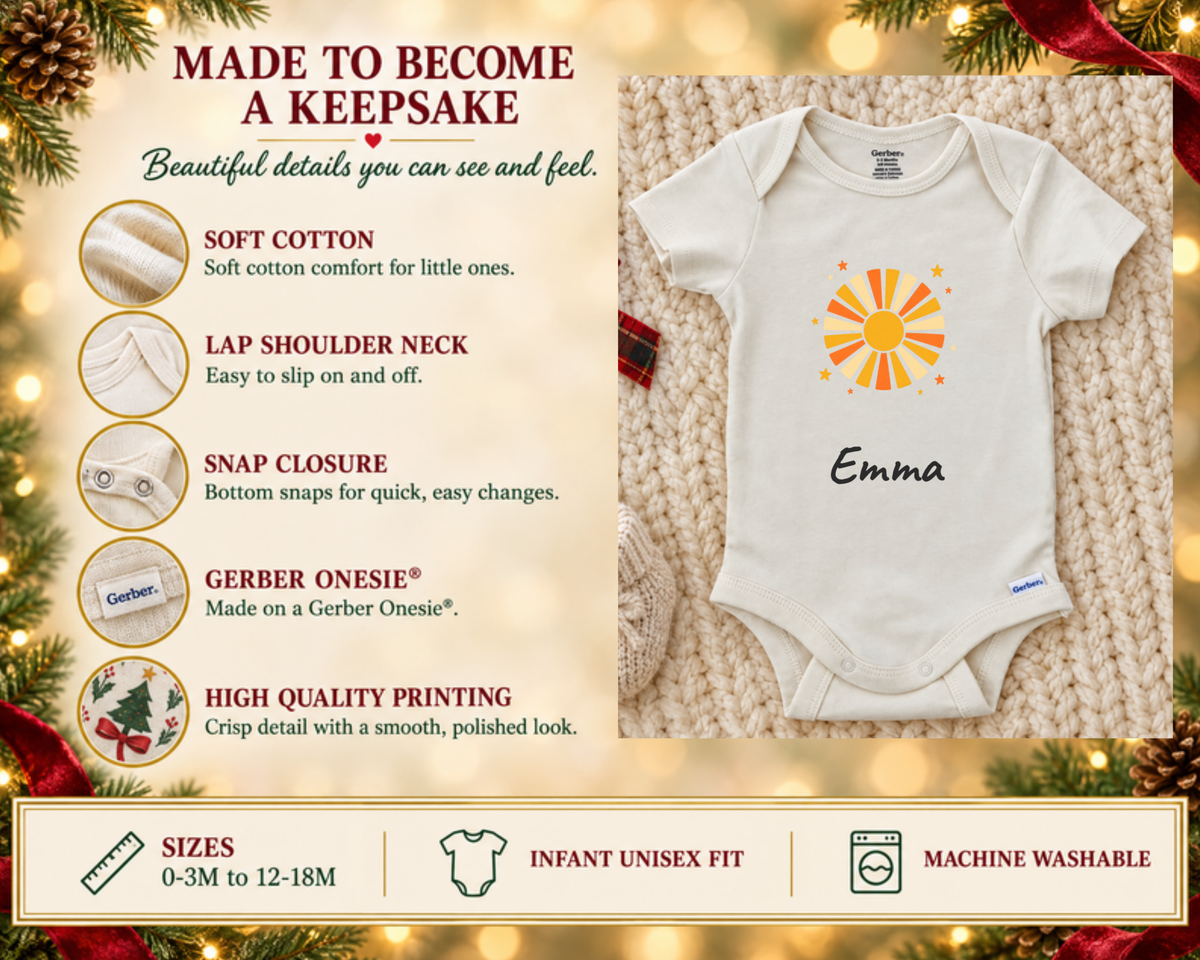 Made to become a keepsake: soft cotton Gerber Onesie details beside the Emma personalized baby bodysuit