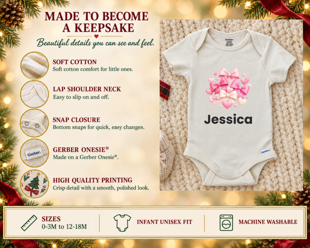 Made to become a keepsake: soft cotton Gerber Onesie details beside the Jessica personalized baby bodysuit