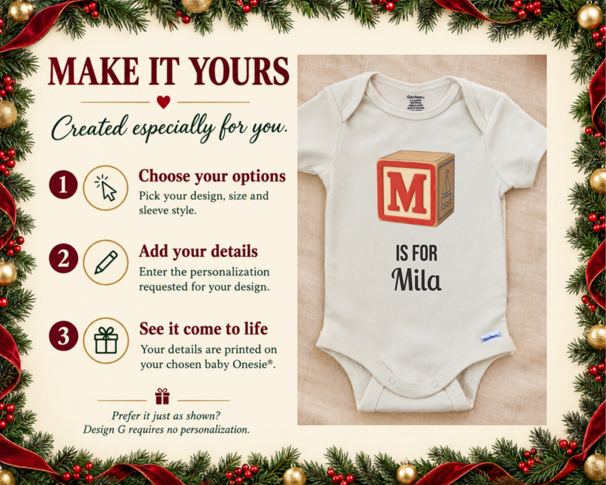 Make it yours: three steps to personalize, next to the M is for Mila personalized baby bodysuit on a cream blanket