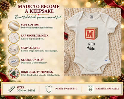 Made to become a keepsake: soft cotton Gerber Onesie details beside the M is for Mila personalized baby bodysuit