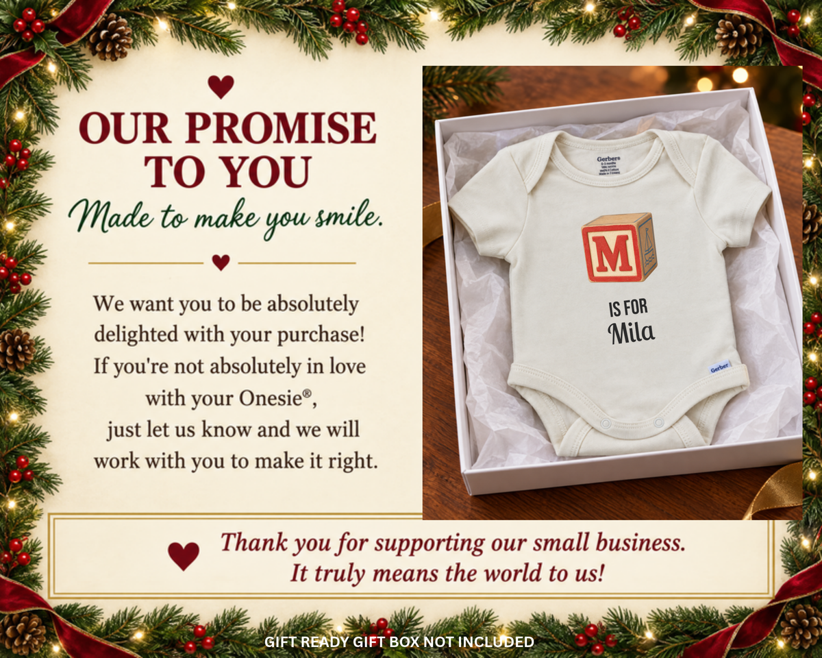 Our promise to you: M is for Mila personalized baby bodysuit in a gift box