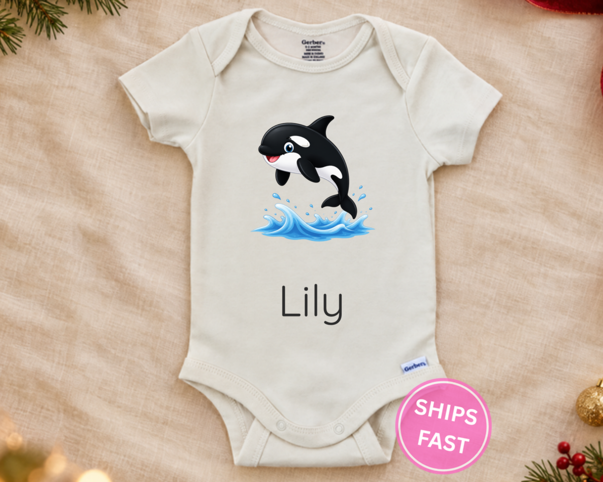 Lily personalized baby bodysuit on a cream blanket with ships fast badge