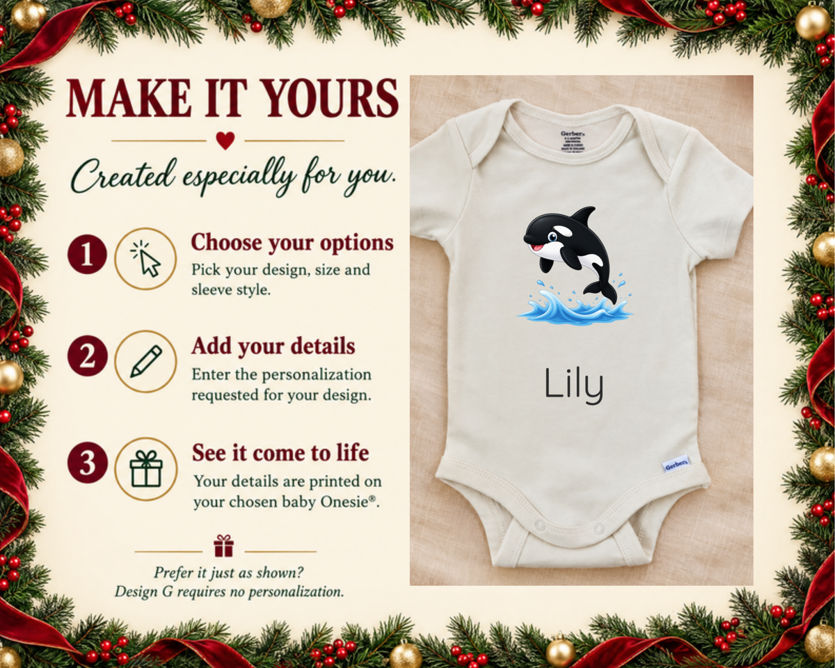 Make it yours: three steps to personalize, next to the Lily personalized baby bodysuit on a cream blanket