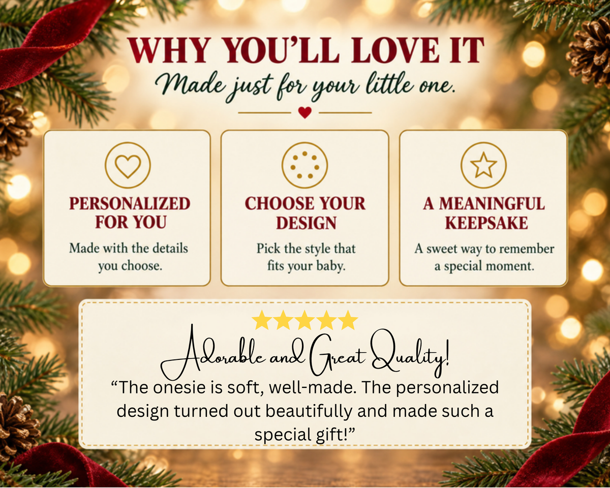 Why you will love it: personalized, choose your design, meaningful keepsake, with a five star customer review, with the Lily orca personalized baby bodysuit design