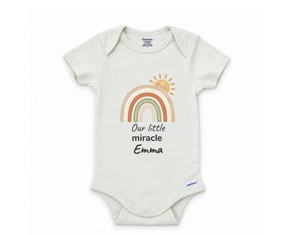 Our Little Miracle boho rainbow personalized baby bodysuit on white background