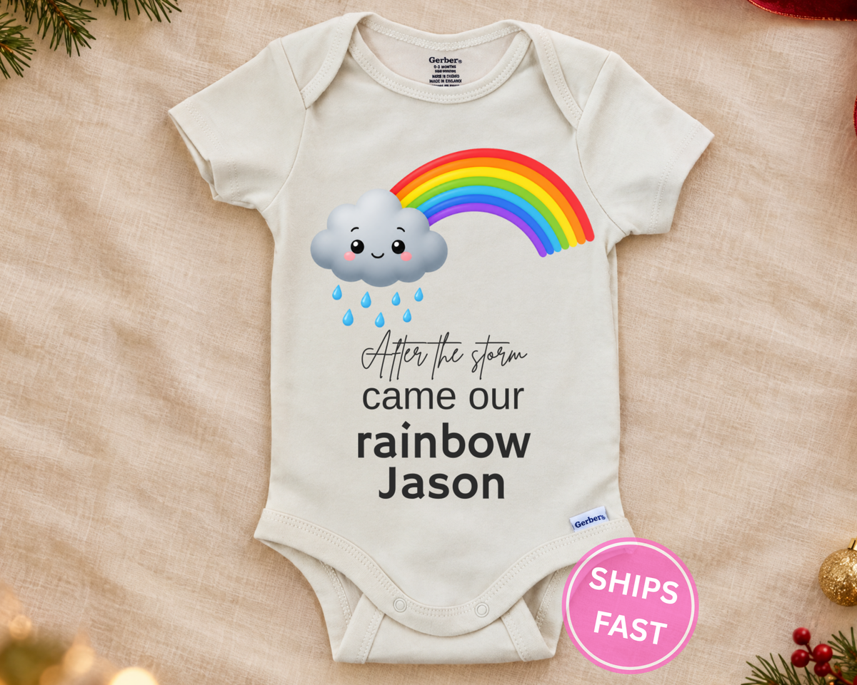 After the Storm Came Our Rainbow personalized baby bodysuit