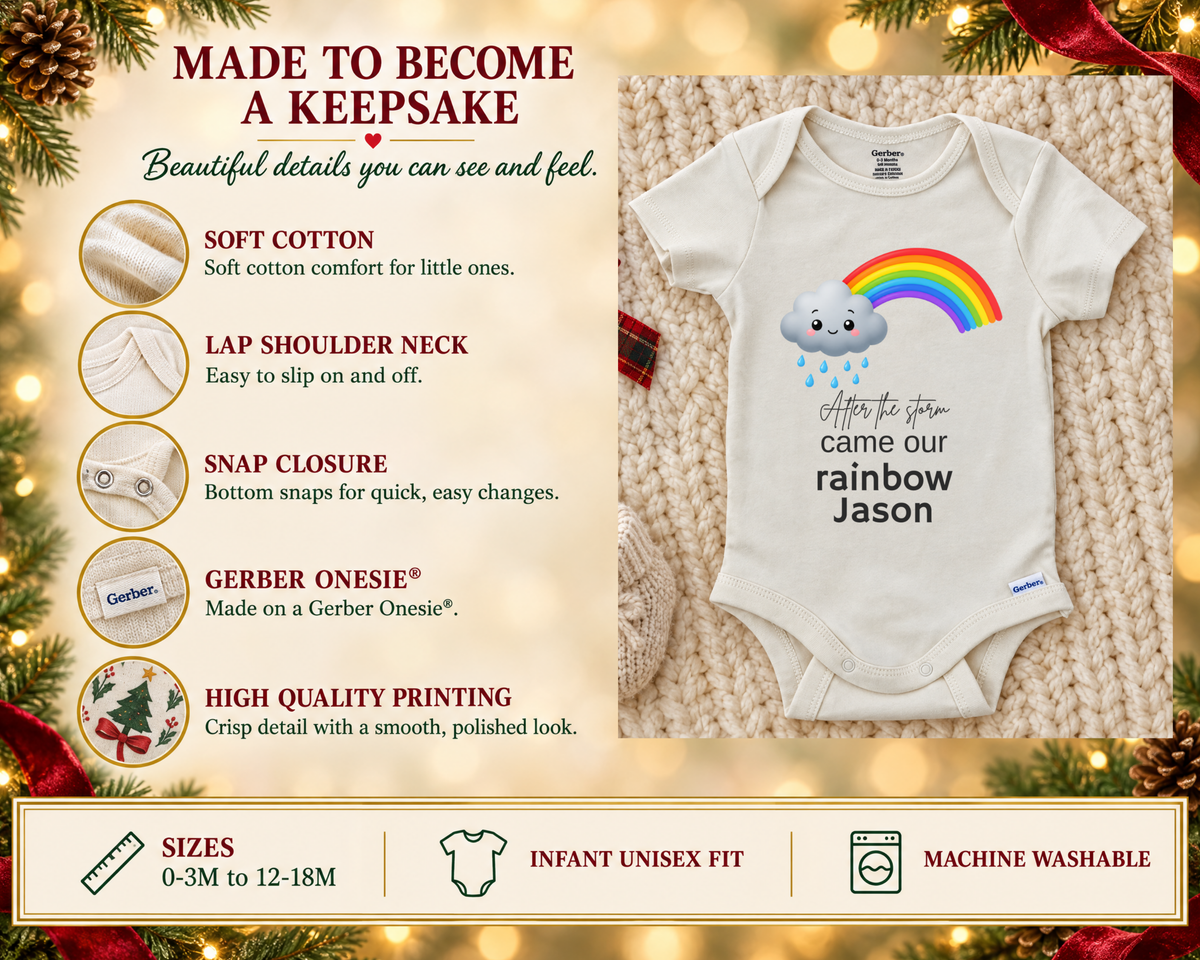 After the Storm Came Our Rainbow personalized baby bodysuit - made to become a keepsake