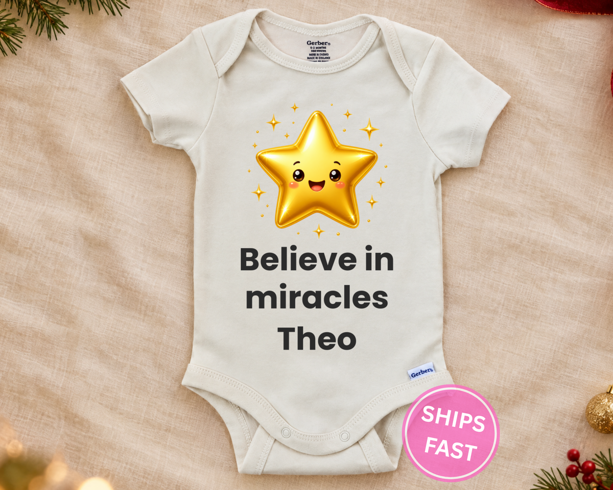 Believe in Miracles gold star personalized baby bodysuit