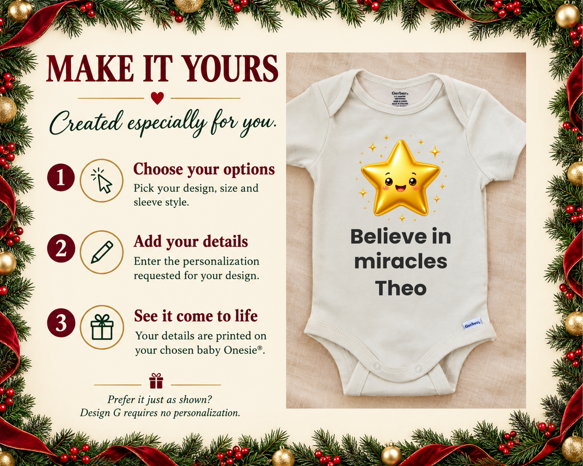 Believe in Miracles gold star personalized baby bodysuit - make it yours