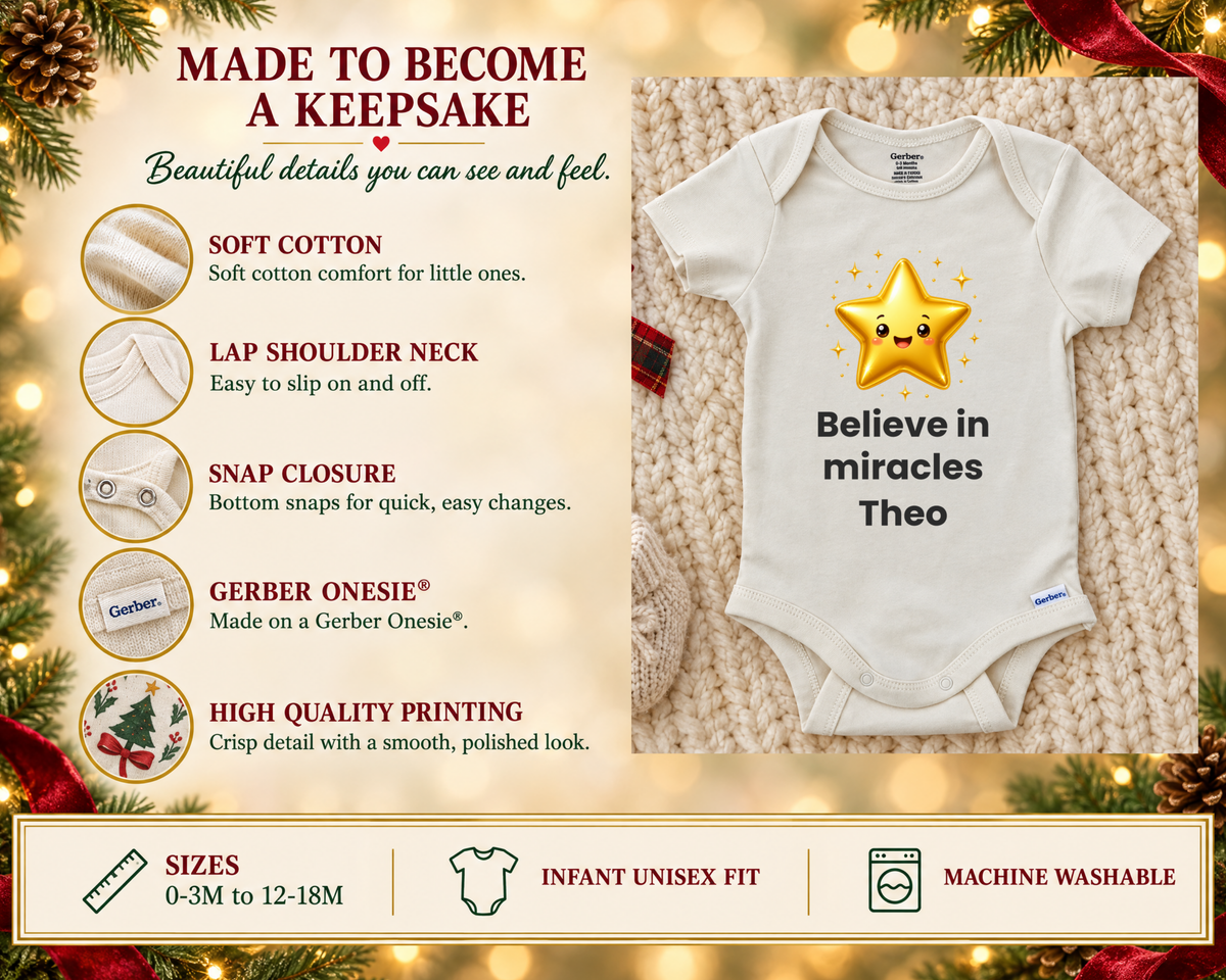 Believe in Miracles gold star personalized baby bodysuit - made to become a keepsake