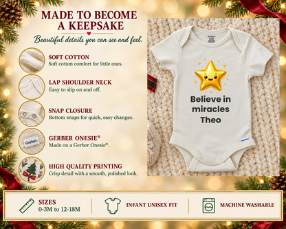 Believe in Miracles gold star personalized baby bodysuit - made to become a keepsake