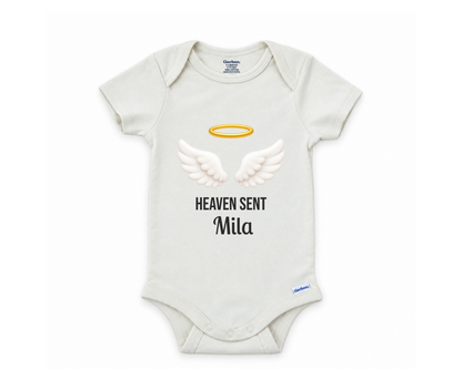 Heaven Sent angel wings personalized baby bodysuit on white background