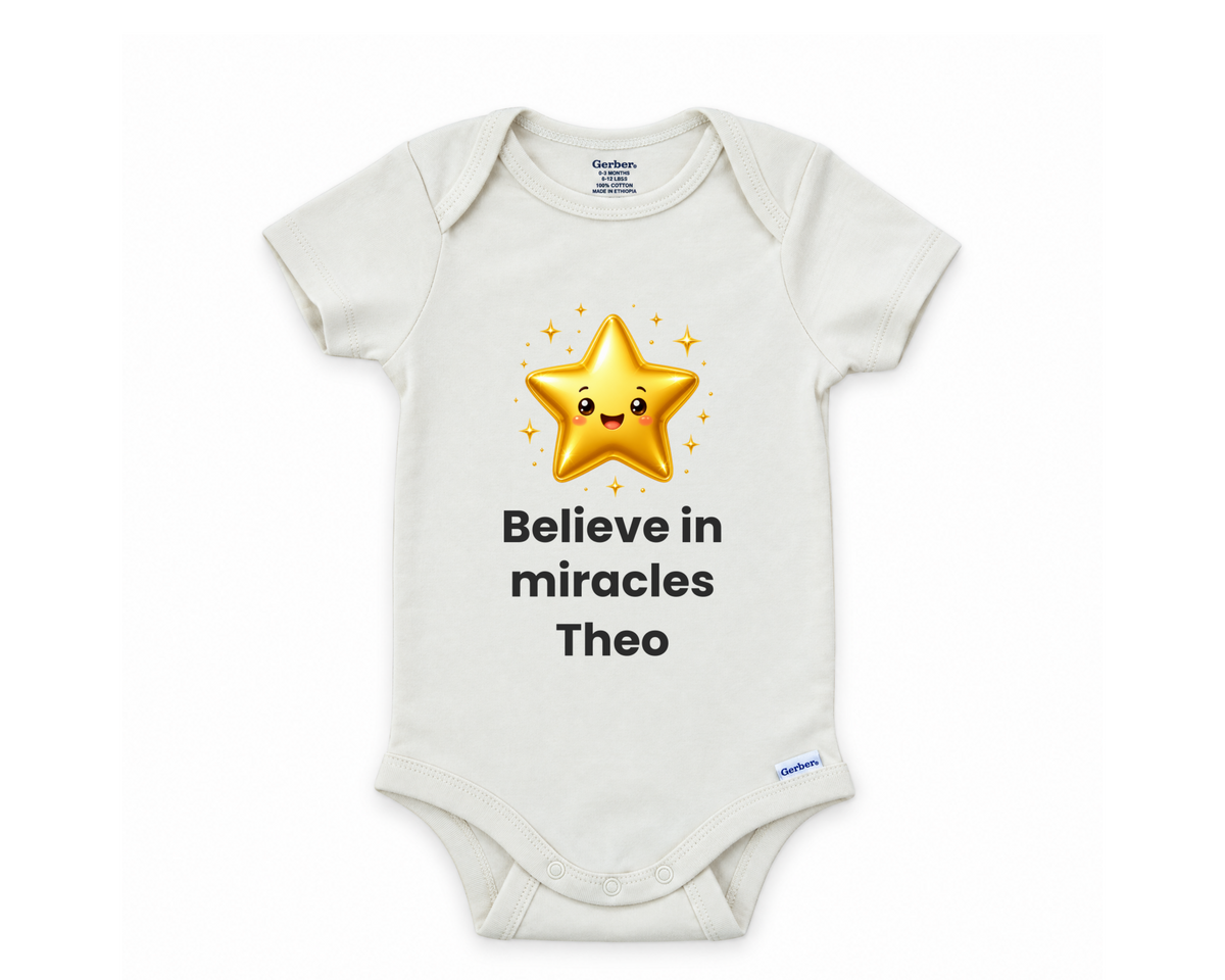 DESIGN D - Believe in Miracles gold star personalized baby bodysuit