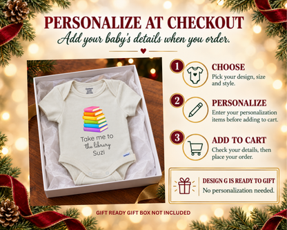 Take Me To The Library bookworm personalized baby bodysuit