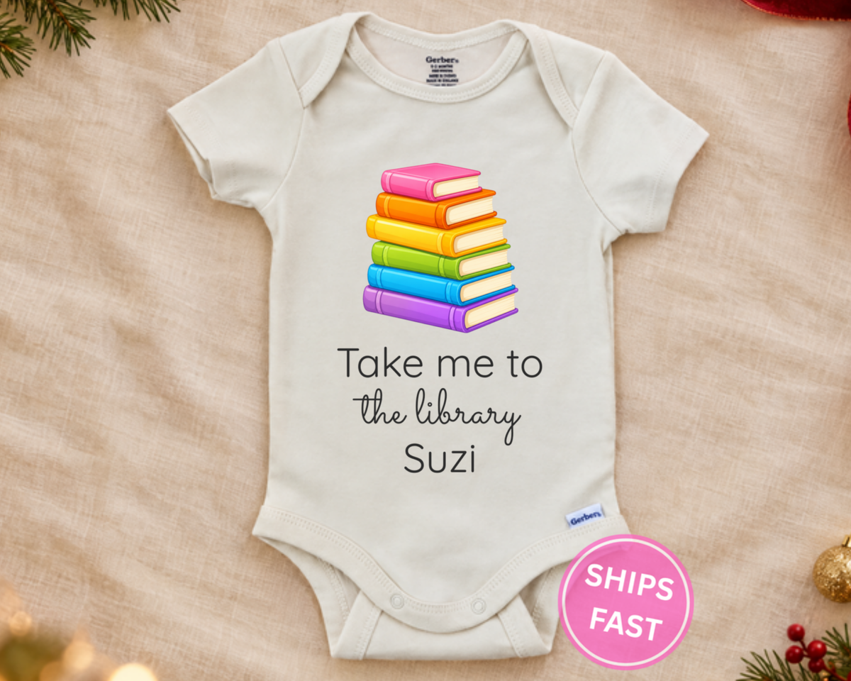 Take Me To The Library bookworm personalized baby bodysuit