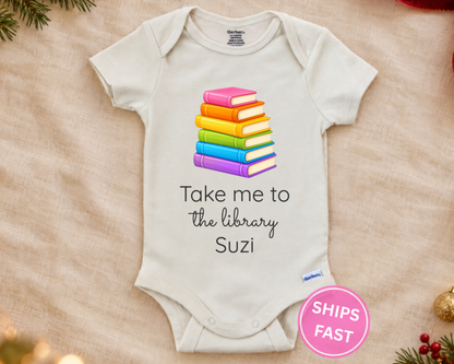 Take Me To The Library bookworm personalized baby bodysuit